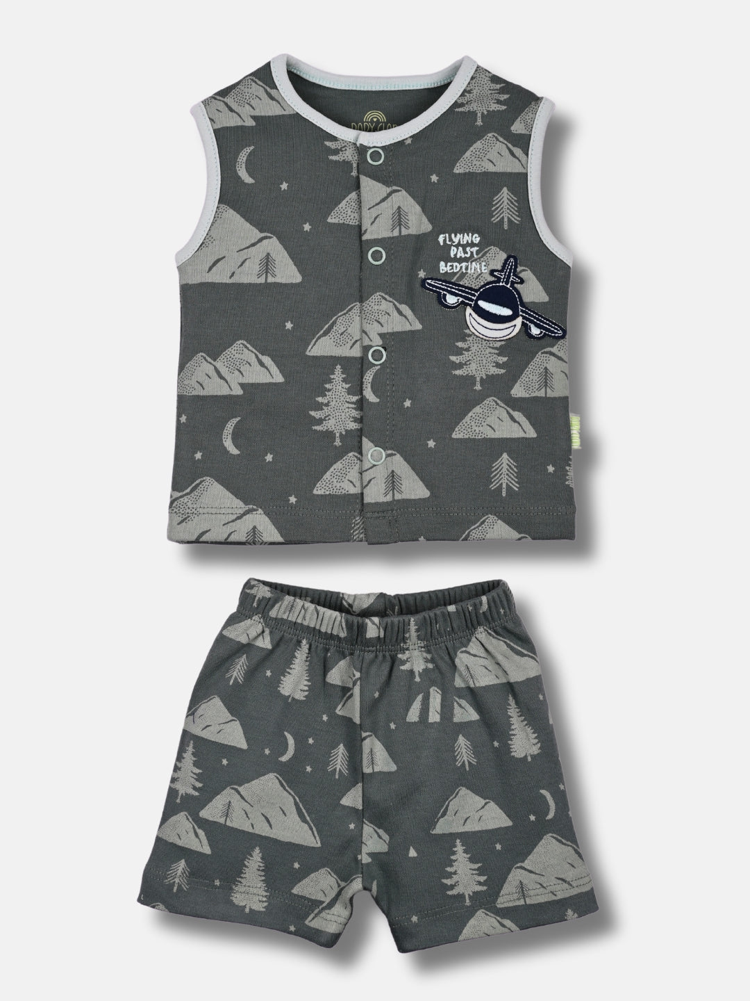 Babyclan Boys Sleeveless Cotton Top & Shorts Set - Front Open Printed - FLYING PAST BED TIME