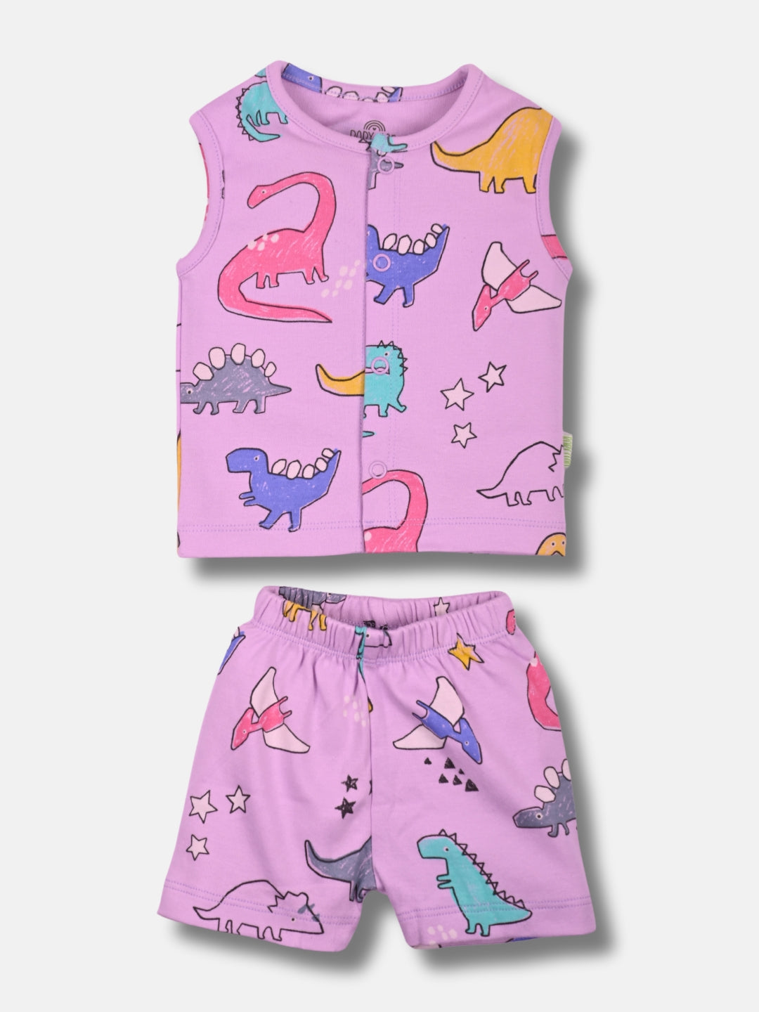 Babyclan Girls Sleeveless Cotton Top & Shorts Set - Front Open Printed - ROSY RAPTORS