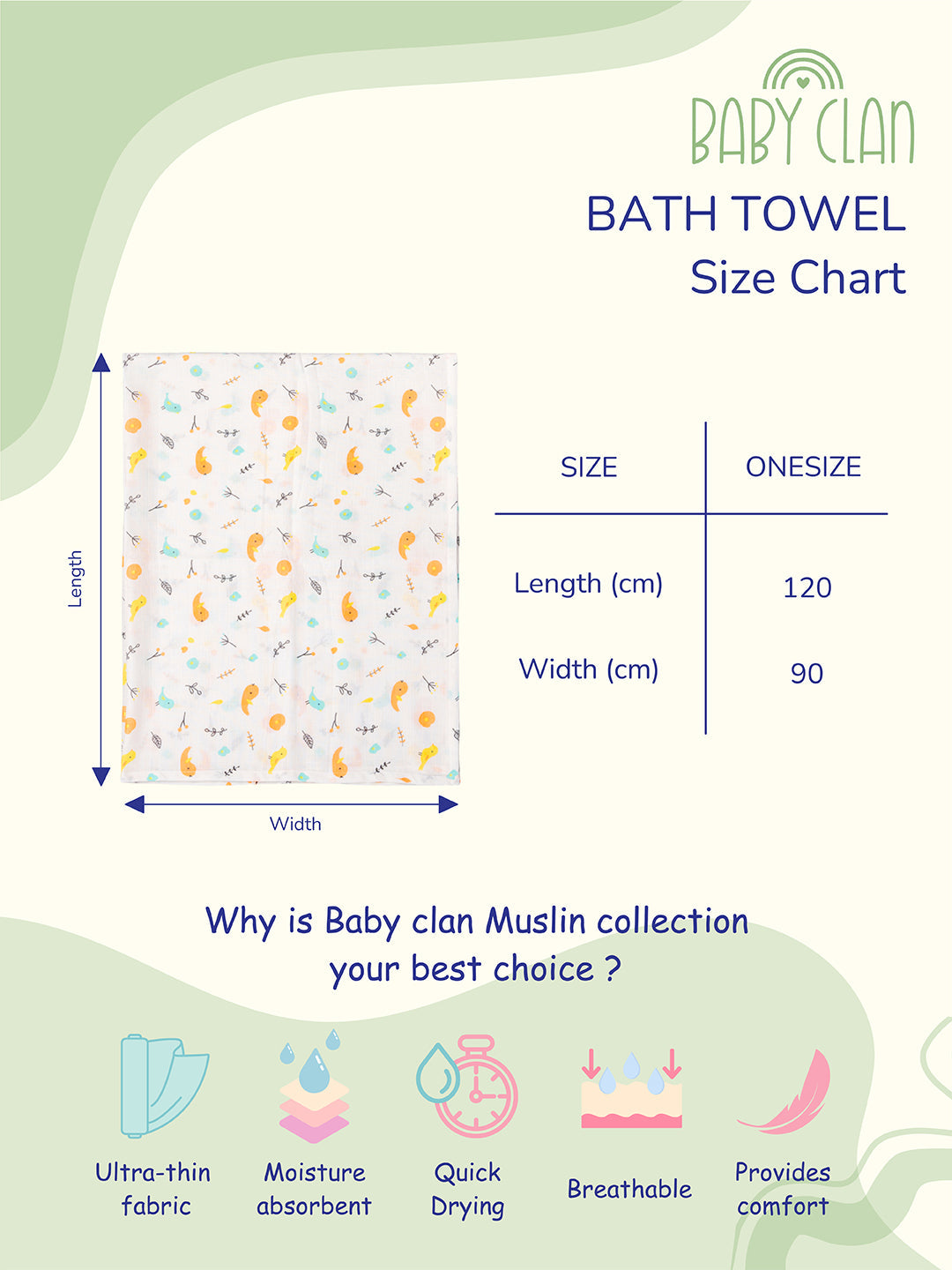 Babyclan Muslin Bath Towel | Soft, Lightweight & Gentle on Skin