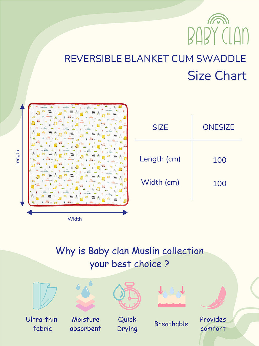 Babyclan Muslin Reversible Blanket/Swaddle | Soft, Lightweight & Multi-Use